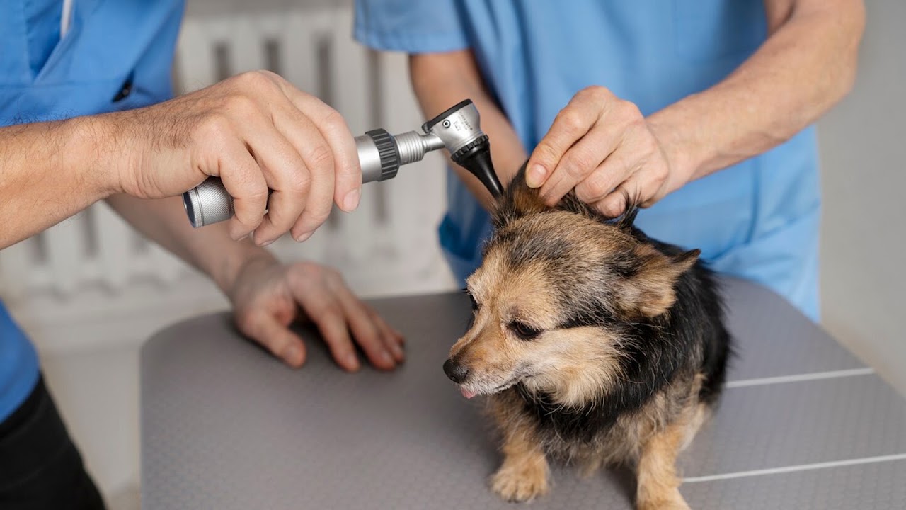 Veterinaria examinando perro golden retriever en San Roque Veterinaria